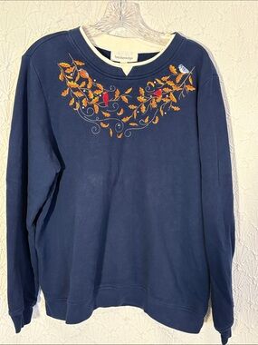 breckenridge Navy Crewneck Sweater with Autumn Bird Embroidery Cabincore Grandma